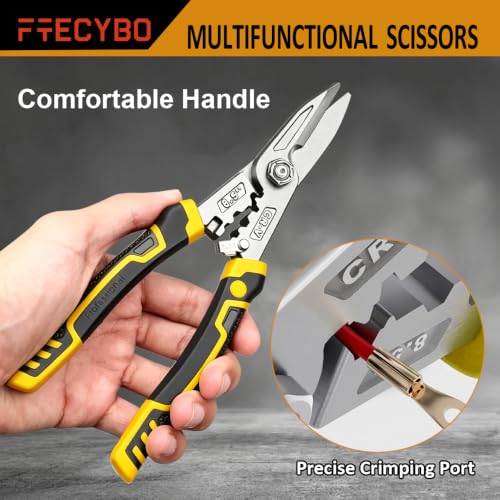 Image of Heavy Duty Industrial Scissors 8.5'', Utility Sharp Aviation Tin Snips, Finely Serrated CR-V Blades with Safety Lock, for Cutting Wires, Cardboard, Plastic, Carpet,red (Yellow)