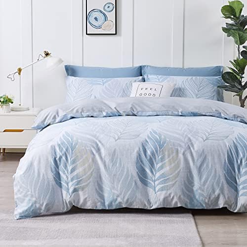 SAPHREAS Leaves Pattern Duvet Cover Sheet Set King Size Cotton 4 pcs Light Blue Bedding Comforter Cover Set with Zipper Closure 1 Duvet Cover 1 Fitted Sheet 2 Pillow Shams