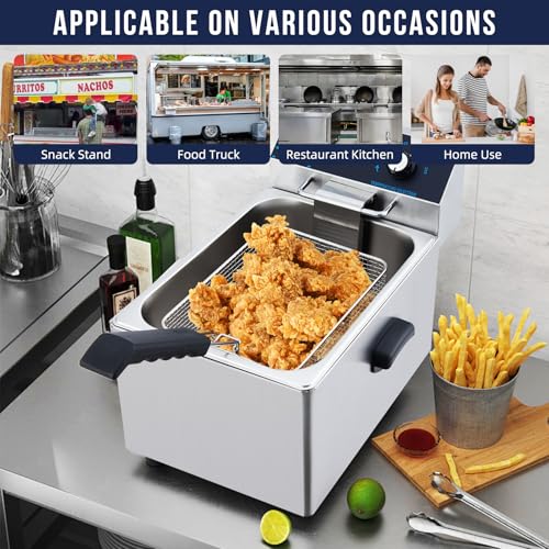 GarveeHome Electric Deep Fryer Stainless Steel with Basket, 8L/8.45QT Countertop Fryers, 1600W Single Tank Electric Fryer for Kitchen, Restaurant and Commercial Use, Temperature Adjustable 140-392℉