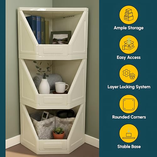 Image of HOMIFLY 3 Tier Corner Storage Cabinet /Stackable Plastic Cupboard for Storage /Foldable Wardrobe for Clothes /Toys Storage Organizer /Cabinet for Kitchen, Bathroom, Living Room (White)