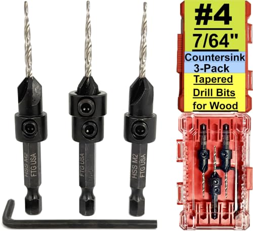 Image of FTG USA 3-Pk #4 (7 /64 inch) Countersink Drill Bit Set, 1 Stop, 1 Wrench & Case