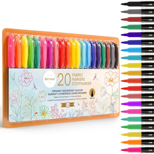 Art+soul Fabric Markers, 20 Colors, Fine Tip, Permanent Quick-Dry, Fade-Resistant for T-Shirts and Textiles