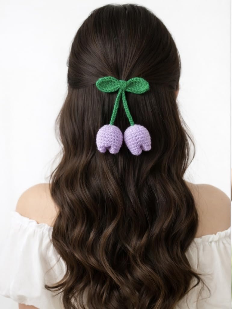 Crochet Tulip Hair Tie, Lavender and Green, Handmade Floral Hair