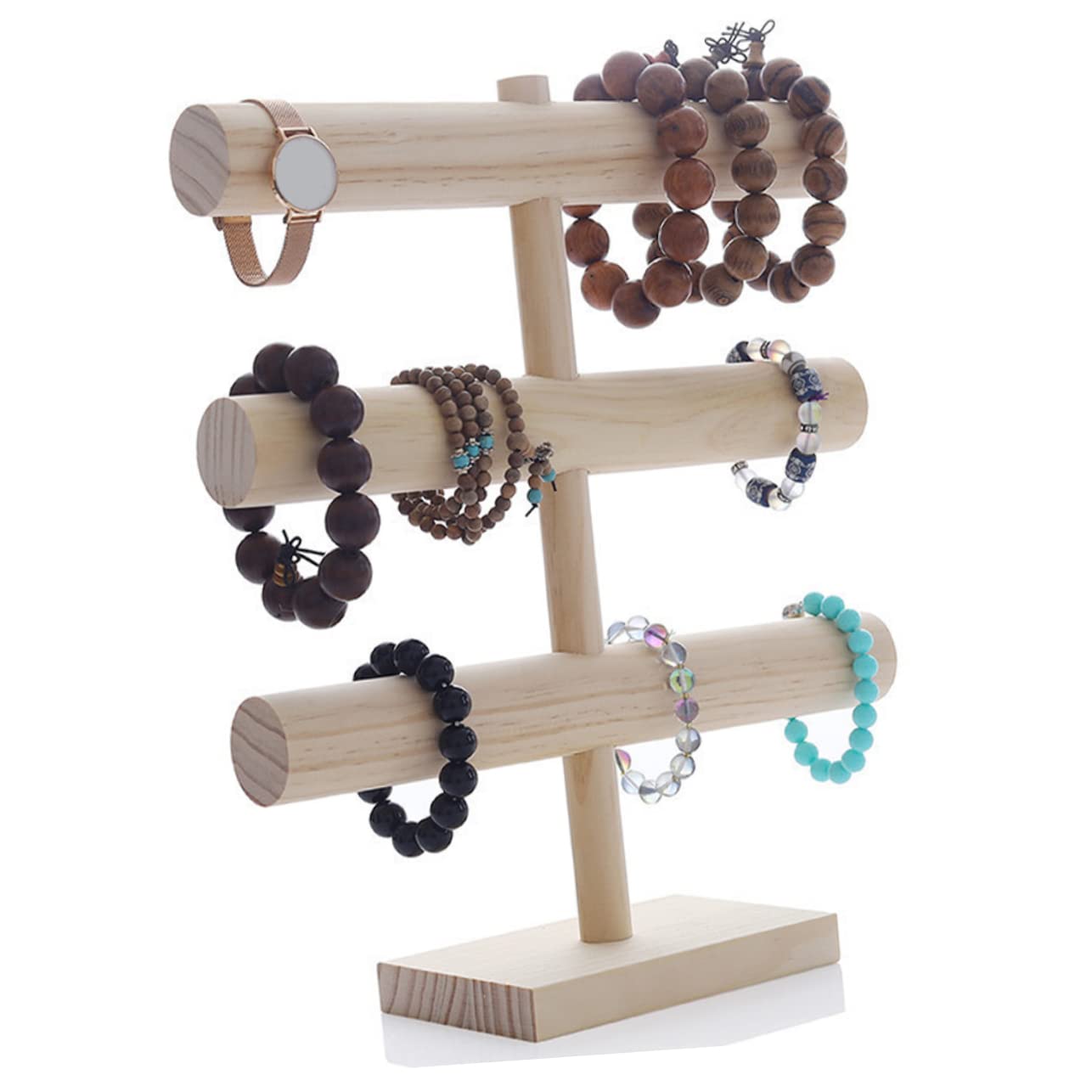 BESPORTBLE Espositore Gioielli Legno Massello Tre Porta Bracciali Orologi e Collane Organizer da Tavolo con Base Antiscivolo per Casa e Negozio