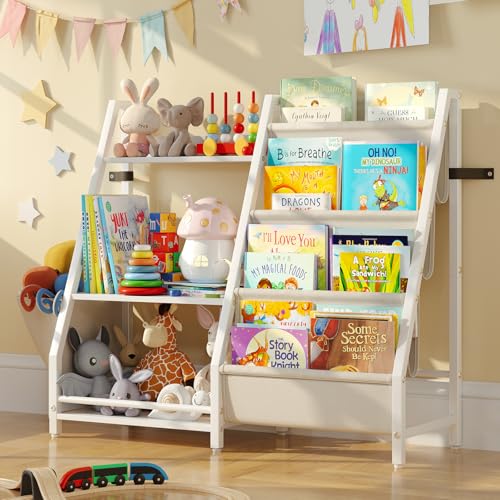 Image of QimCoor Kids Bookshelf and Toy Storage Organizer, 2 in 1 Montessori Toddler Book Shelf for Kids Rooms, Nursery Bookcase, Easy Assembly, Includes Extra Side Pockets 11.8" D x 33.4" W x 29.5" H (White)