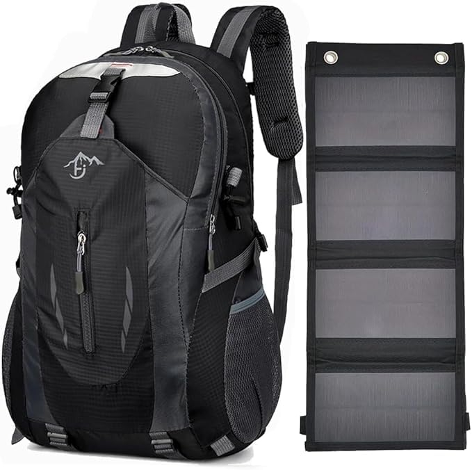 Zaino con Pannello Solare 20W USB 5V - Zaino Trekking da 40 Litri Impermeabile con orologio multifunzione per Escursionismo, Alpinismo, Campeggio - Spallacci e Schienale Imbottiti