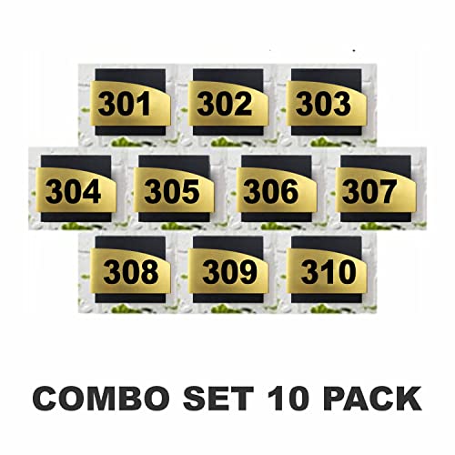 Image of Combo Number Plate | COMBO SET301-310 (Pack of 10) | Laser Cut Acrylic Black and Gold Color Smooth Finish Plate with Double Side Tape on Backside | 140mm x 140mm Signage