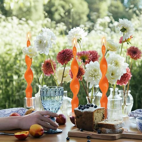 Image of Smokeless Orange Spiral Taper Candle Unscented Taper Candlesticks Handmade 10 Inch Long Twisted Candles for Wedding Home Decor Women Gift