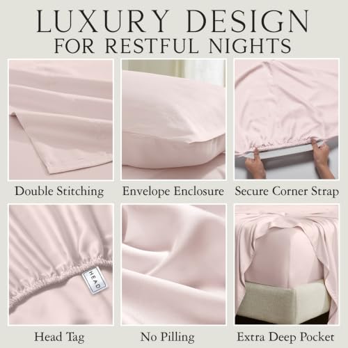 Image of KARISSA MAE Luxury Bamboo Viscose Split King Size Sheet Set, FSC Certified | Includes 2 Twin XL Fitted Sheets | Sleep Number & Adjustable Bed | Cooling | 18 inch Deep Pocket w / Corner Straps [Pink Peony]