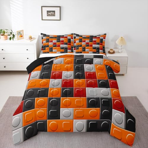 Image of Feelyou Building Blocks Brick Comforter Set King Size Bedding | Toddler Duvet Set Room Decor 3Pcs Orange Black Warm Cozy Breathable Lightweight All Season