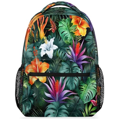 Tropical Flowers Palm Leaves Lightweight Backpack for Women Men Laptop Travel Backpack Casual Daypack Multi-Purpose Backpacks Waterproof Large Backpack Bag