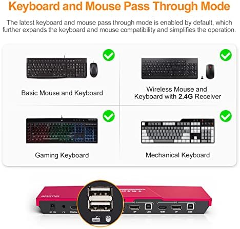 TESmart Dual Monitor KVM Switch 2 Port HDMI+DisplayPort, 4K@60Hz 4:4:4 2x2 KVM Switches for 2 Monitors 2 Computers, L/R Port, Hotkey,Dolby Vision,Extended Display with Cables and Remote Control (Red)