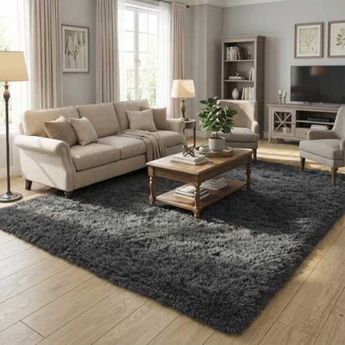 Tapete suave peludo para dormitorio 7x10 pies gris oscuro miniatura 2