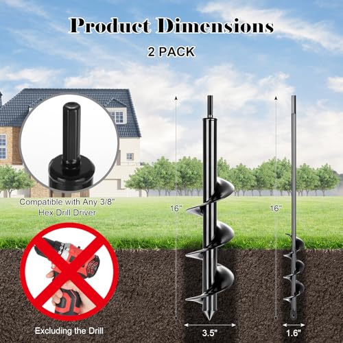 Tegarbed Auger Drill Bit for Planting 2 Pack,1.6x16 inch&3.5x16 inch,Auger Drill Bit Suitable for 3/8'' Hex Drill Driver,Garden Spiral Hole and Planter for Bulbs,Fence Posts,and Umbrella Holes by Tegarbed - Used condition - Image 2