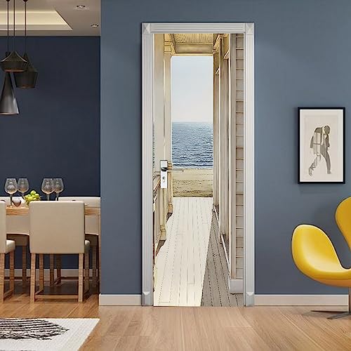 A.Monamour Adesivo Porta Autoadesiva 3D Vista Sul Mare Dal Balcone Vinile PVC Adesivi per Porte Interne Pellicola Adesiva Poster Sticker Murale Parete Carta da Parati 85x200cm