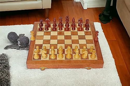 Image of Sheesham Wood | Wooden Non-Magnetic Foldable Chess Board with Coins | Multiple Size | Brown Colour | Square Shape | Storage Capacity. (KWK002)