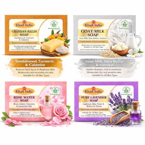 Image of Khadi Organic and Natural Handmade Bathing Soap for Men & Women | Assorted Herbal & Chemical-Free Face and Body Soap for Gentle Cleansing & Healthy Skin (Mixed soap (Pack of 4))