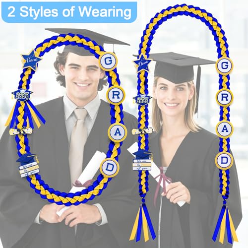 Image of Graduation Leis Class of 2026 Decorations, Handmade Double Braided Graduation Ribbon Leis with Glitter Pins for Him Her High School College Congrats Party Supplies (Blue & Gold)