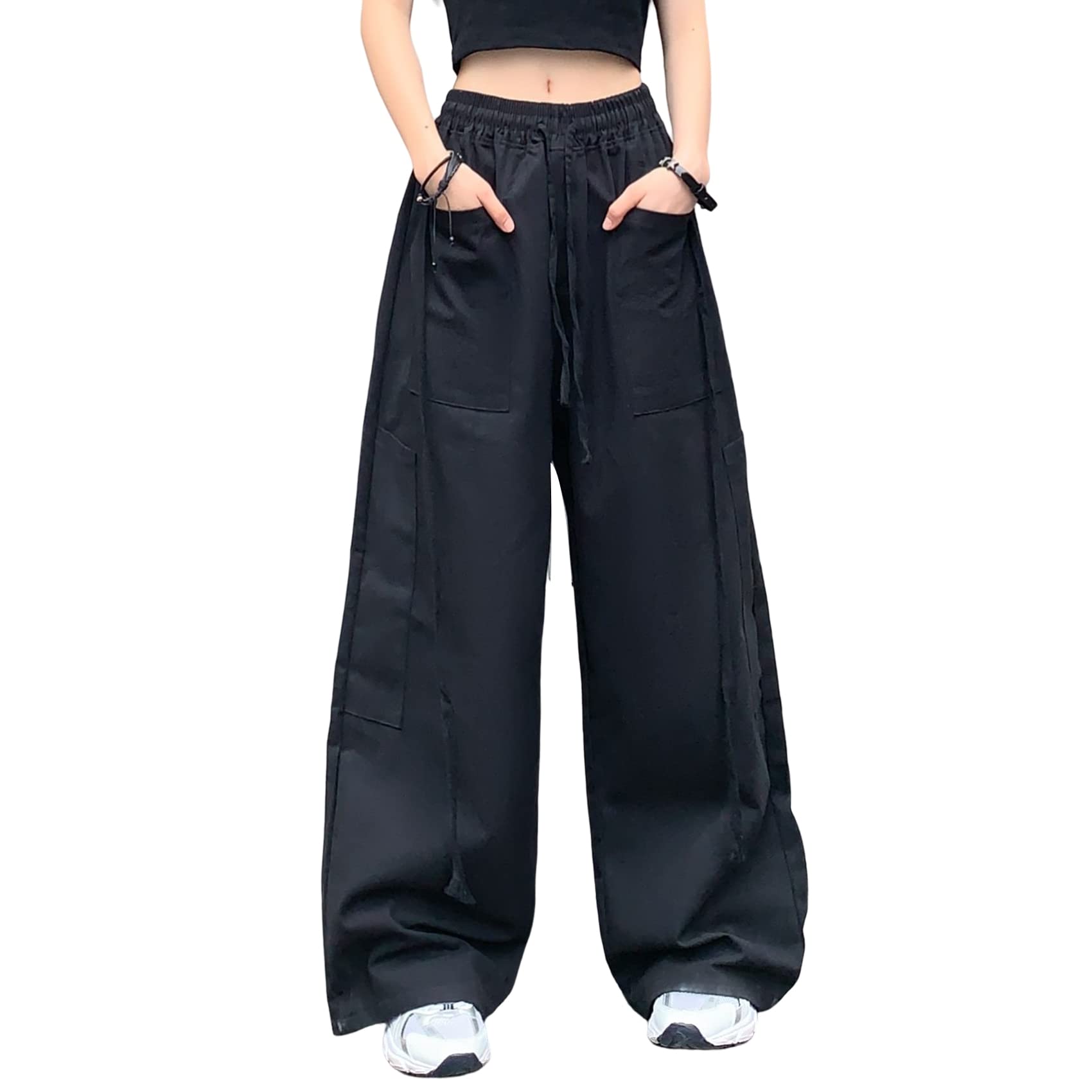 Hewlshawn Pantaloni Cargo Donna Allentato Elastico Vita Tempo Libero Paracadute Pantaloni Y2k Gotico Dritto Gamba Larga Pantaloni con Coulisse Streetwear