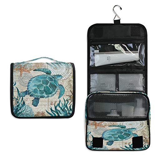 Sea Turtle Retro Map Hanging Toiletry Bag Ocean Nautical Makeup Bag Travel Cosmetic Bag Pouch Waterproof Accessories…