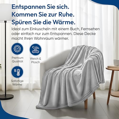 Feluna® Kuscheldecke XXL Mikrofaser-Decke Tagesdecke Wohndecke mit Kaschmir-Touch 220 x 200 cm - Grau