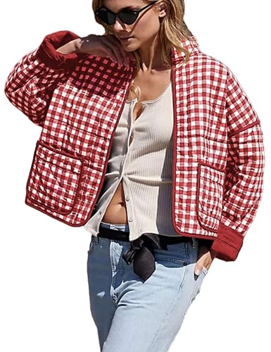 Bozanly Women's Cropped Puffer Quilted Jacket Plaid Printed Lightweight Long Sleeve Zipper Padded Coat