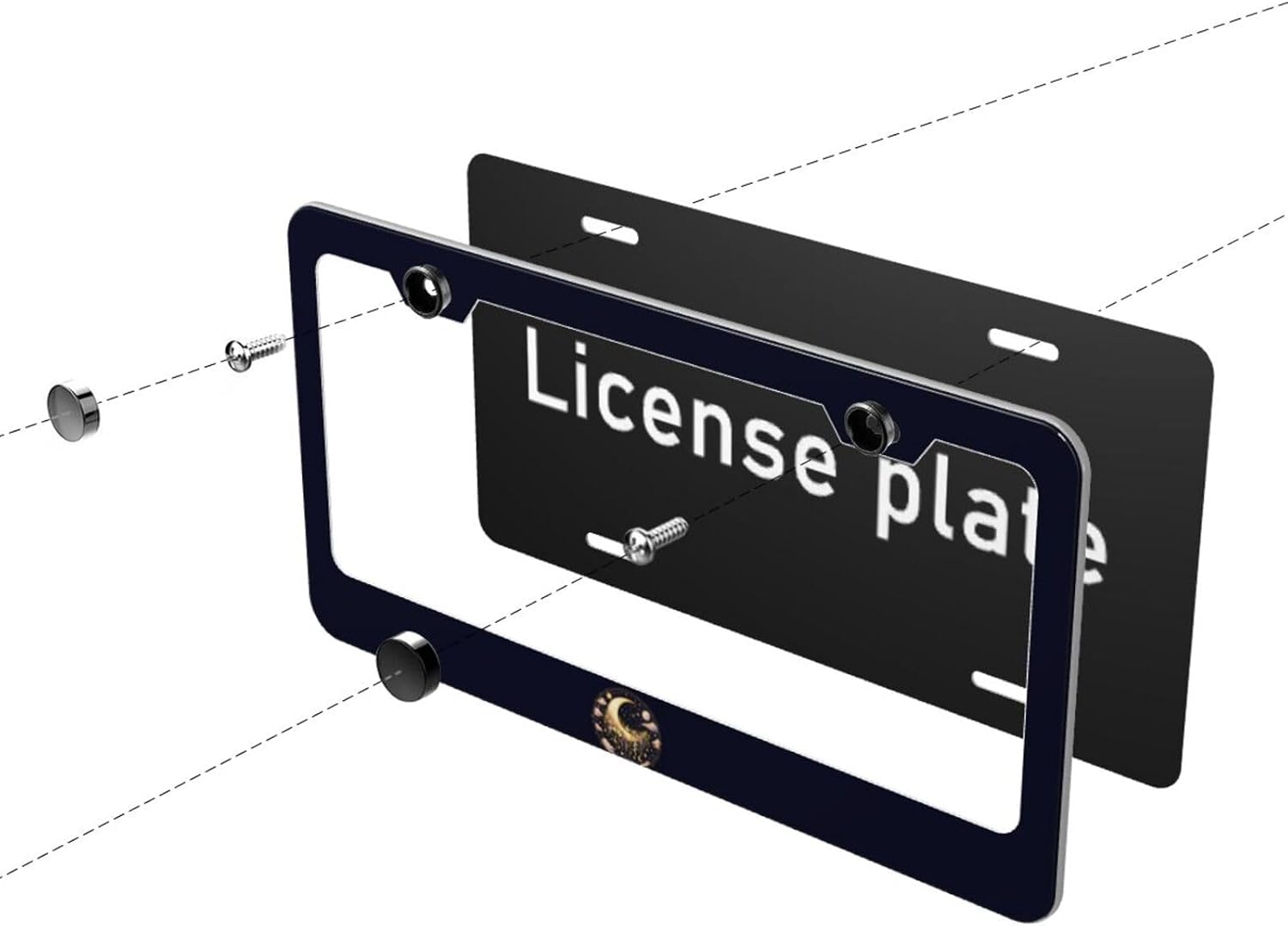 Boho Moon Floral Bohemian Matte Aluminum License Plate Frame with Black Screw Caps，2pcs 2 Holes Black Licenses Plates Frames,Car Licenses Plate Covers Holders for Us Vehicles/Women/Men