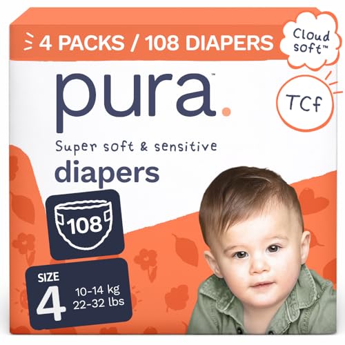 Image of Pura Baby Diapers Size 4-108 Count, 22-32lbs, 12hr Leak Protection, Soft & Gentle Diapers for Hypoallergenic & Sensitive Baby Skin, Toxin-Free*, Organic Cotton, Blowout Blocker, New Size Guide