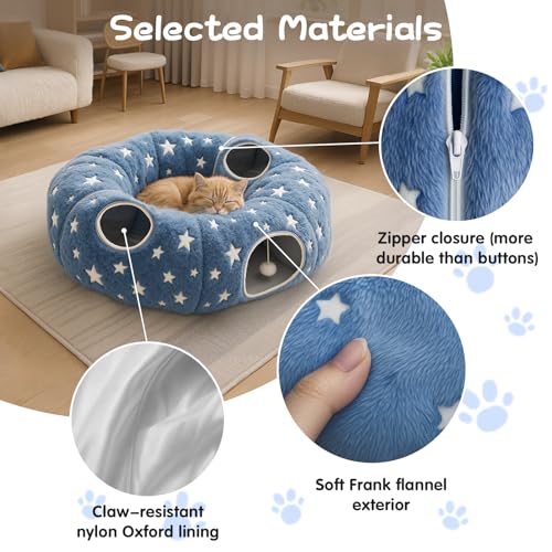 Image of Cycodo Indoor Cat Tunnel Bed,Shape-Shifting Pet Cave with Circle Cushion,Luminescent Donut Tunnel Toy for Kitten /Puppy /Rabbit (Starry Blue)
