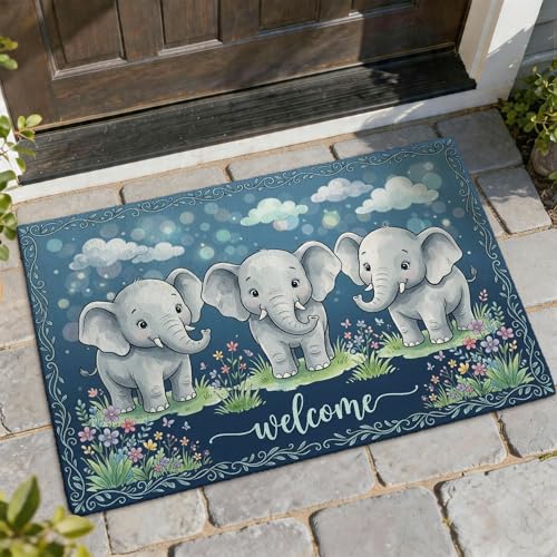 Felpudo de bienvenida con diseño de elefante, diseño de nube, color azul, lavable, perfil bajo, decoración del hogar, entrada, porche, balcón, 29 x 17 pulgadas
