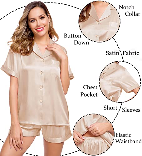 Image of LecGee Womens Silk Satin Pajamas Short Sleeve Loungewear Two-Piece Sleepwear Button-Down Pj Set