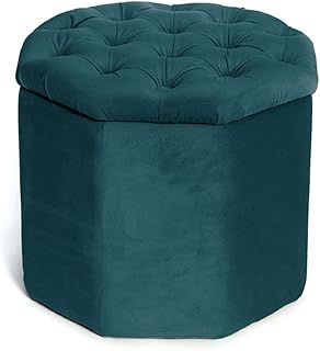 Pouf Imbottito Trapuntato Tinta Unita Salotto/Camera Ottagonale Velvet Vari Colori Pouf Petrolio