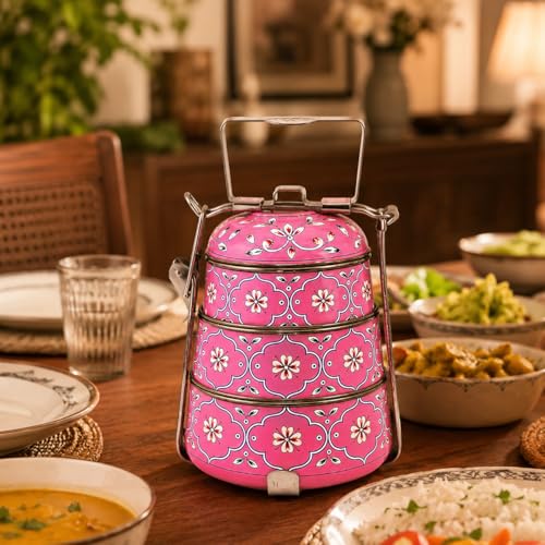 Image of iHandikart Handpainted Decorative Lunch Box Tiffin | Multiple Tier Stainless Steel Food Box | Designer Indian Print Tiffin for School | Diwali Gift, Navratri Gift (Color - Multicolor)