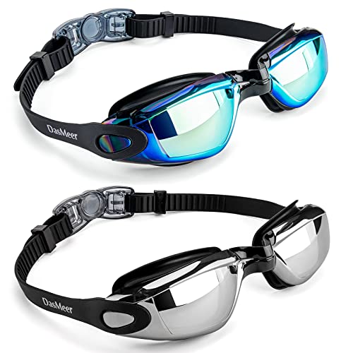 DasMeer Swimming Goggles, 2 Pack, No Leaking Anti Fog UV Protection Swim Goggles Soft Silicone Nose Bridge for Adult, Men, Women (Aqua Blue & Silver)