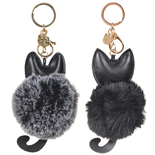 Dreams And Whispers 2 Pack Cute Novelty Black And Gray Kitty Cat Keychain Faux Fur Ball Pom Pom Key Chain Ring For Women Girls Bag Pendant (Black And Gray Cat) #TOP1
