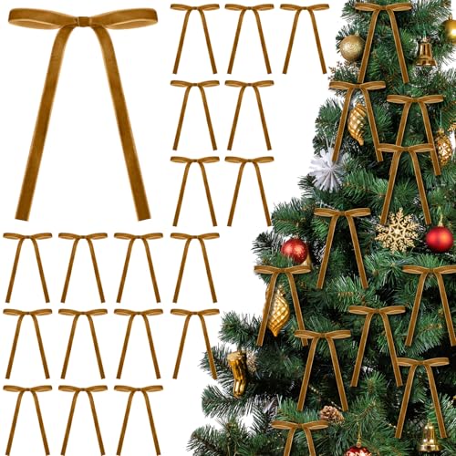 Glitinsel 24 Pcs Velvet Bows Christmas Tree Ornaments Vintage Velvet Ribbon Bows for Tree Garland Wreath Indoor Xmas Decorations(5 x 7 Inch,Width of 3/8",Khaki)