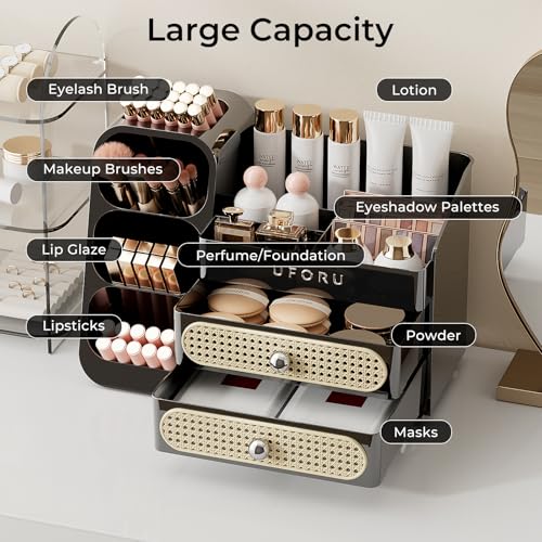 Image of UFORU Makeup Organizer for Vanity with Brush Holder, Large Capacity Bathroom Countertop Skincare Organizer with 2 Drawers, Cosmetic Display Case for Perfumes, Eyeshadow Palettes, Nail Polishes