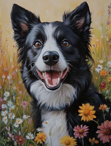 Pintura por números kit para combatir el estrés decorando un lienzo de flores y border collie