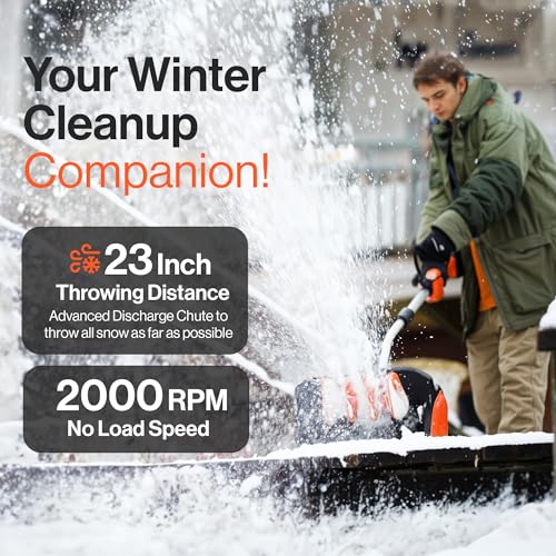 SuperHandy Electric Snow Thrower Adjustable Angle 17" Clearing Width 5.7" Intake Height 23' ft Throw Curved Serrated Blade 48V-2Ah Battery Portable Wheels Easy Maneuver Safety Switches Comfort Handle