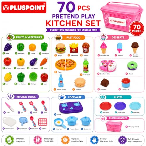 Image of PLUSPOINT 70Pcs The Big Basket Fruit Cutting Toy for Kids with Storage Basket Realistic Sliceable Food Cutting Pretend Play Kids Sets of Cake, Pizza, Kitchen Set, Fruits, Vegies, Fast Food