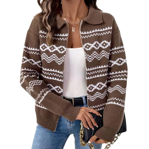 chouyatou Women's Fair Isle Sweaters Coat Western Tribal Aztec Zip Up Vintage Fall Lapel Knit Cardigan Top