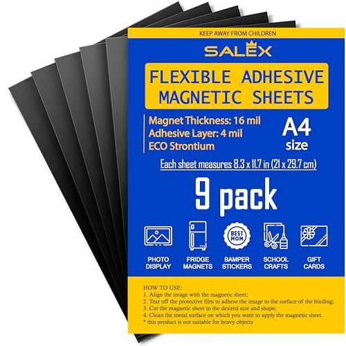 Magnetic Sheets A4 with Adhesive Backing for Crafts, DIY. 9 Strong Self Sticky Magnets 8.3' x 11.7' to Make Flexible Magnet Tapes, Strips, Squares, Sheet for School Classroom Board, Fridge, Photos