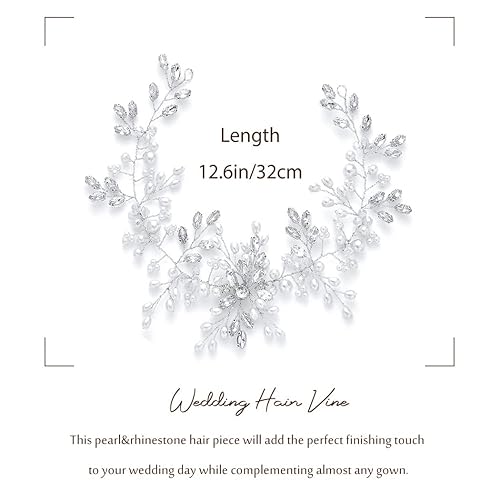 Miniatura 6 de Asooll Pelo de novia para boda, vid de plata con diamantes de imitación, tocado de perlas para mujeres y niñas (A plateado)