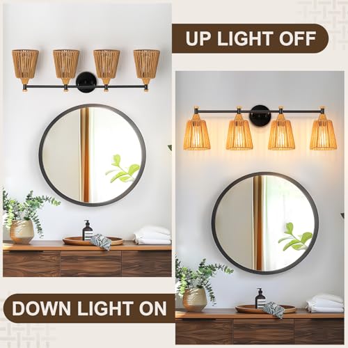 Image of Boho Bathroom Light Fixtures Over Mirror, 4-Light Farmhouse Vanity Lights | Handwoven Rattan Wicker Shades, Rustic Lighting for Bedroom Kitchen Hallway Restroom Bathroom