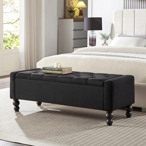 Image of 50 inch W Storage Ottoman Bench with Safety Hinge, Load up to 660 lb Ottoman with Storage, Upholstered Tufted Entryway Bench with Seating for Living Room, Bedroom, Entryway, Black