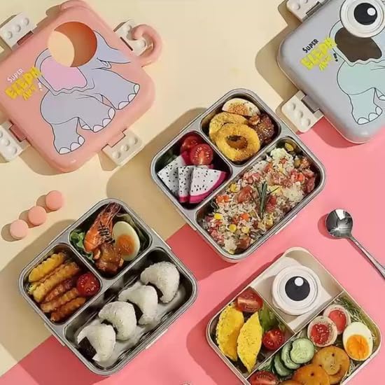 Image of TEKCOOL Grey Kids Lunch Box - Stainless Steel Insulated Tiffin for School with Spoon, BPA-Free | Leak-Resistant Bento Box with Tray & Container | 1120ml + 70ml (Grey, Super Elephant)';