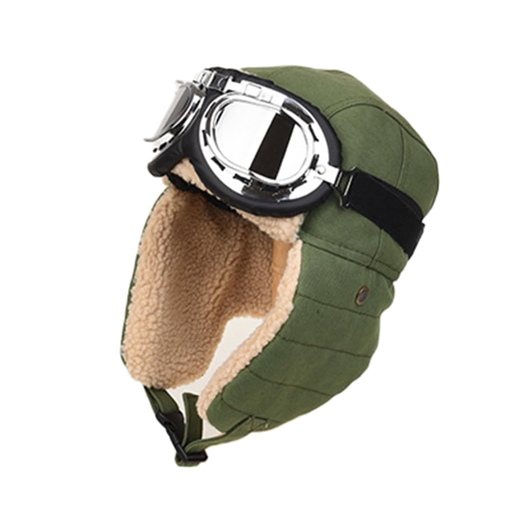 DoHTeck Winter Warm Aviator Hat, Unisex 3-in-1 Trapper Cap Bomber Hat with Goggles and Earmuffs for Cold Weather Outdoor Army Green