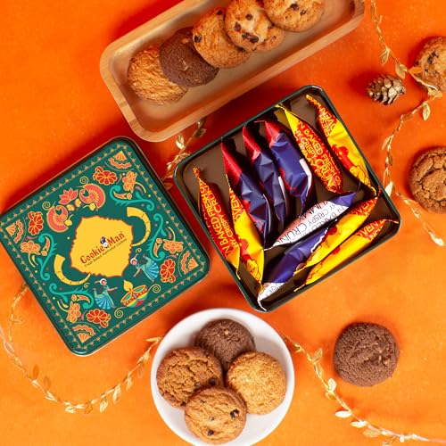 Image of CookieMan Festive Diwali Cookies Gift Tin - 250g | Premium Assorted Cookies Hamper with Choc Chip, Double Choc Chip, Mocha, Butter Cashew & Black Currant | Diwali Gifting & Corporate Gift Set