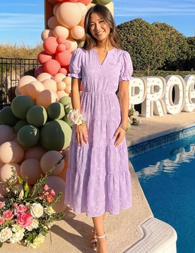 Image of ZESICA Womens Summer Floral Flowy Midi Dress 2026 Puff Short Sleeve V Neck Ruffle Tiered Beach Vacation Party Dresses