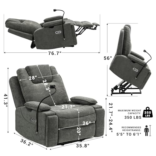 Oversized Recliner Power Lift Chair for Elderly Big Tall, Zero-Gravity Dual Motor Power Recliner Sofa, 350lbs Heavy Duty Seat with 4D Armrests, Full Lay-Flat Positioning, Phone Slot, Gray - Image 3